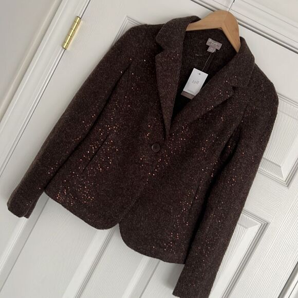 J.Jill 12% wool brown sequins blazer jacket NWT Sz XS petite - Picture 2 of 12